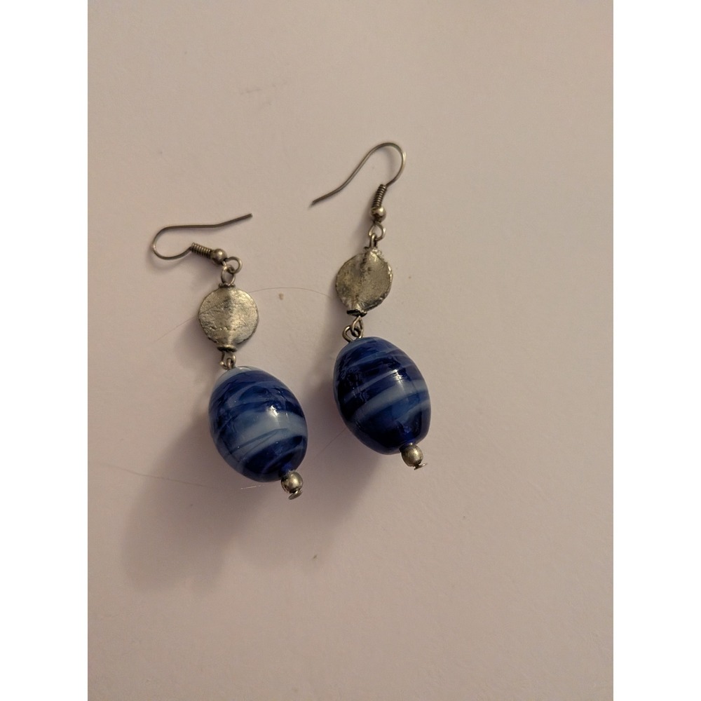 Blue Swirl Glass Bead Drop Earrings Silver Hammered Disc Artisan Boho Dangle